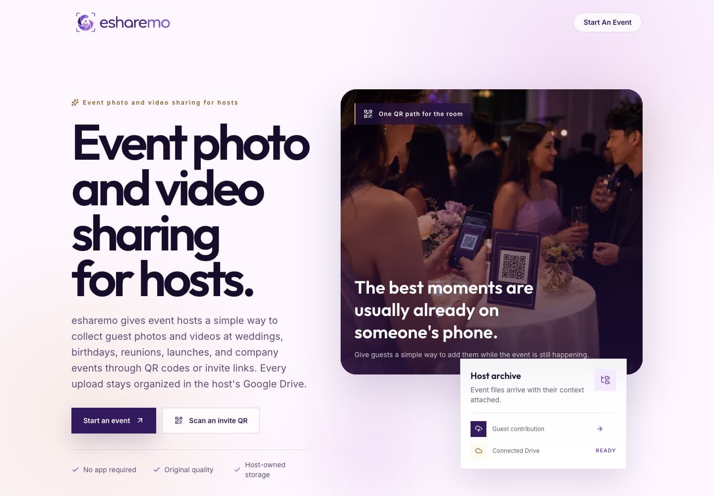 The eShareMo homepage showing its event media collection experience